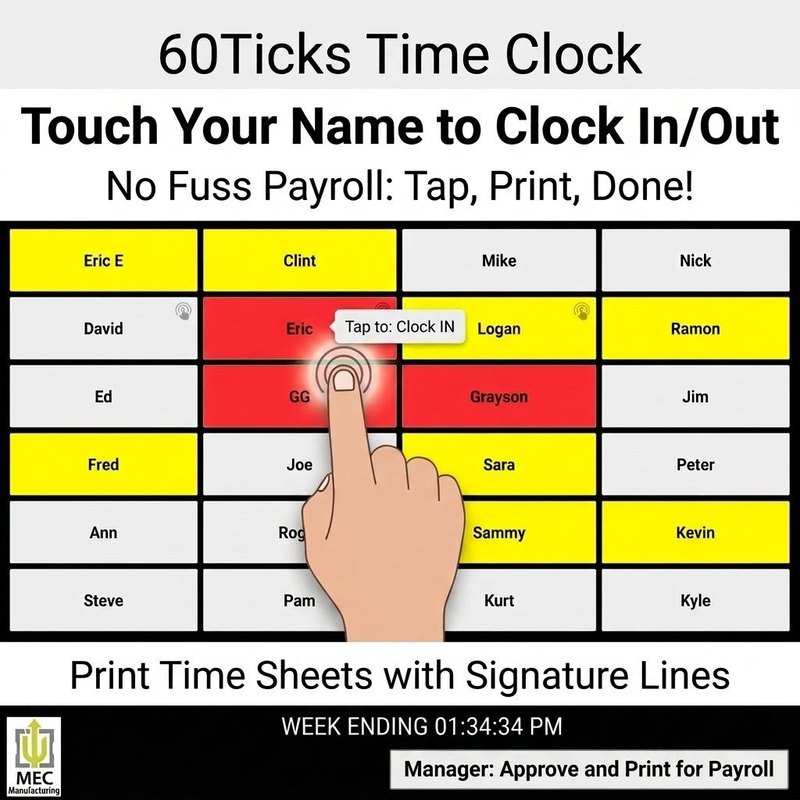 60Ticks Time Clock: touch your name to clock in and out