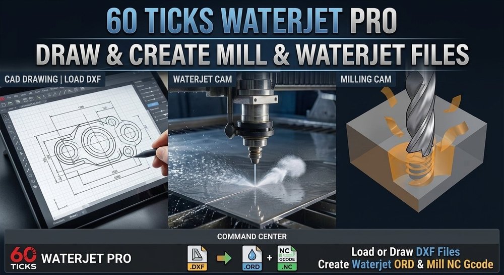 60Ticks Waterjet Pro: draw or load DXF files and create waterjet ORD and mill NC G-code files