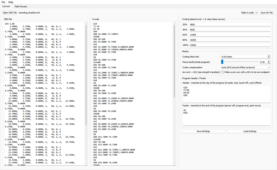 Convert tab showing an ORD file, the generated G-code and motion settings