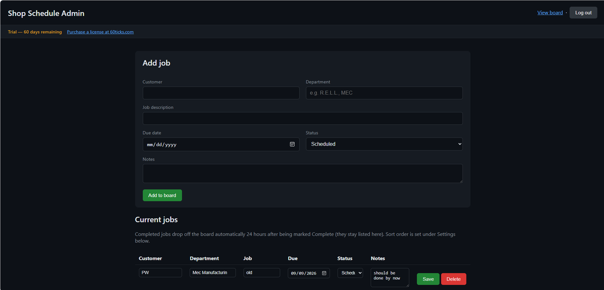 Admin page for adding and editing jobs, departments, and due dates