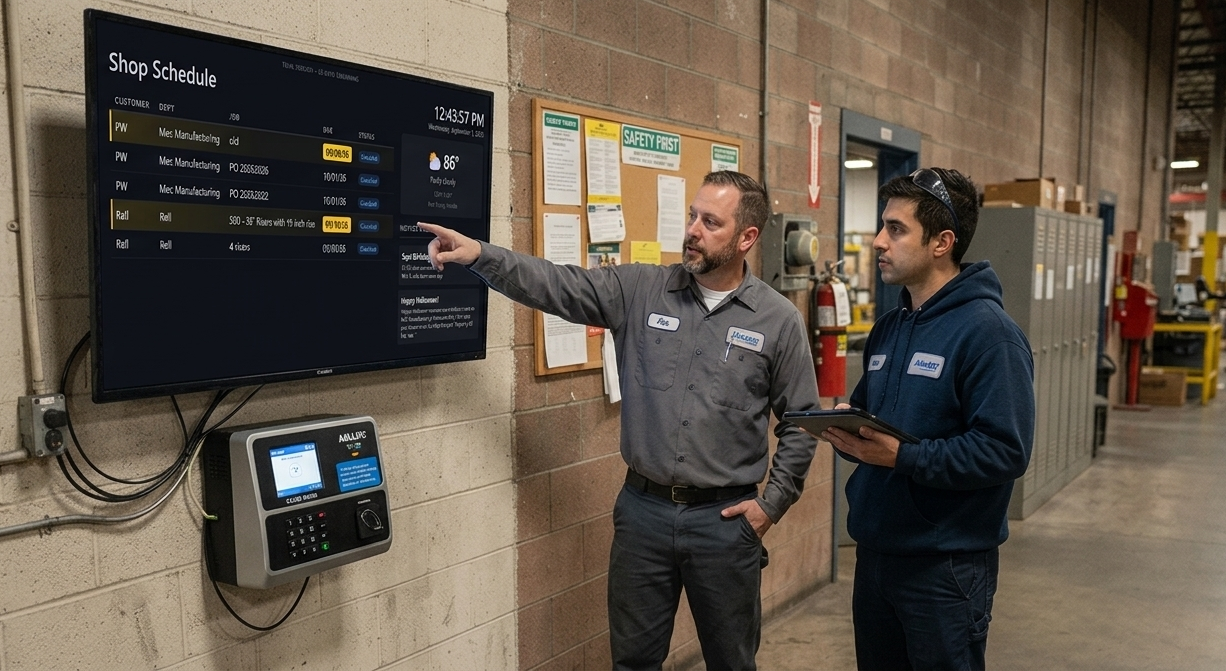 Two shop employees looking at a wall-mounted TV displaying the Schedule 2 Display job board