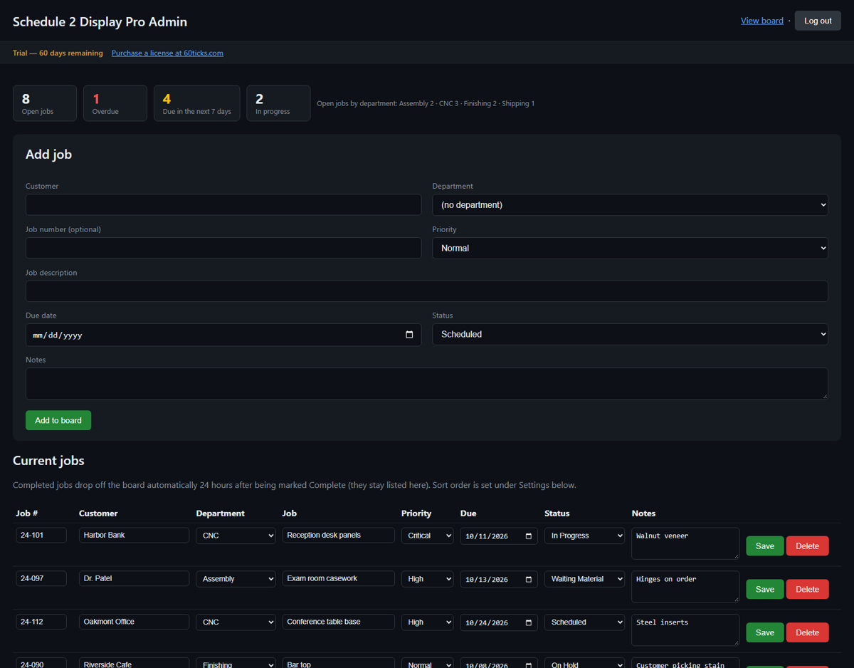 Pro admin page with summary counts, department dropdown, job number and priority