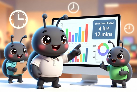 60Ticks mascots pointing at a chart showing time saved