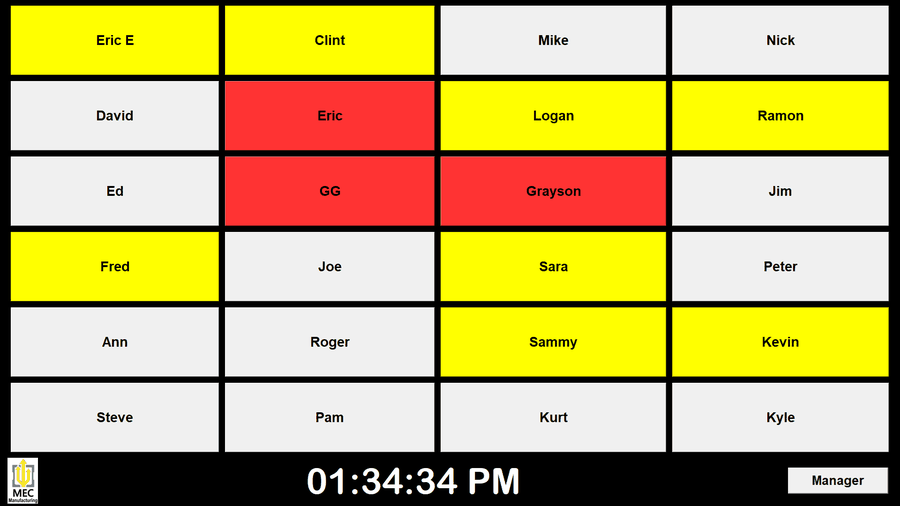 Kiosk board showing every employee as a tile, colored by clock status