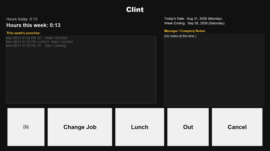 Employee screen with hours, this week's punches, and clock action buttons
