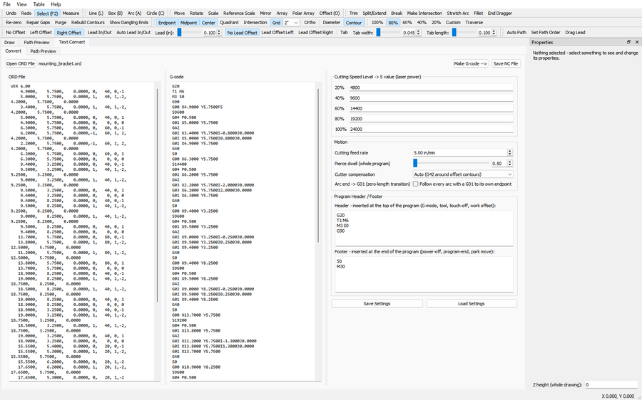 Text Convert tab with ORD text, generated G-code and motion settings