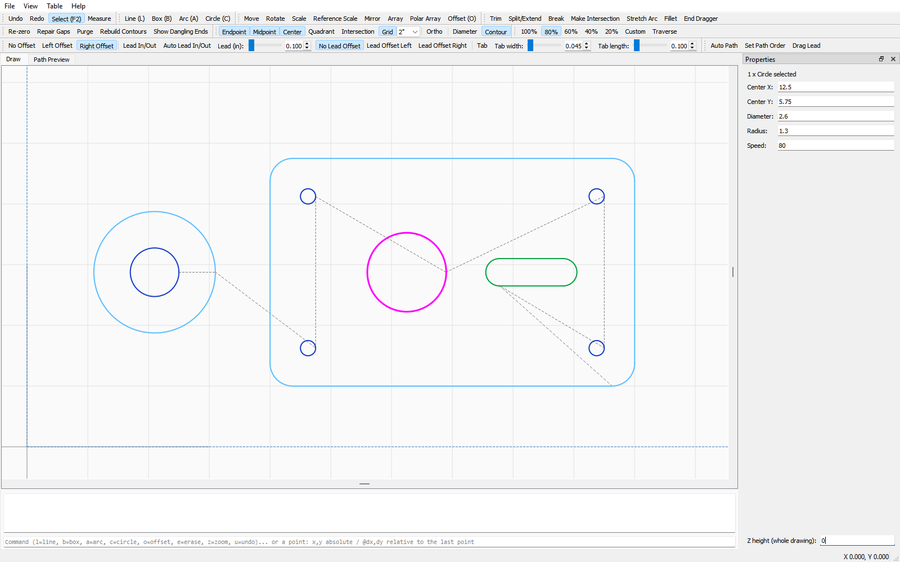 Draw tab with toolbars, Properties panel, and dashed travel lines on a sample bracket part